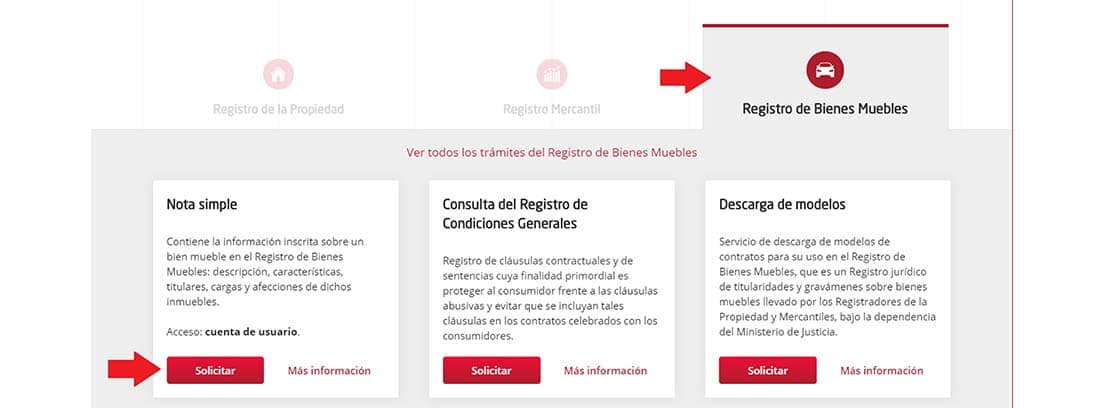 Pantallazo de la web de Registradores de España para solicitar un informe de cargas de un coche