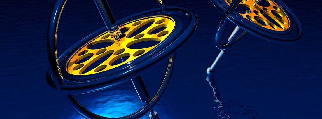 Giroscopio compuesto por una rueda de color amarillo y un eje de simetría de color azul
