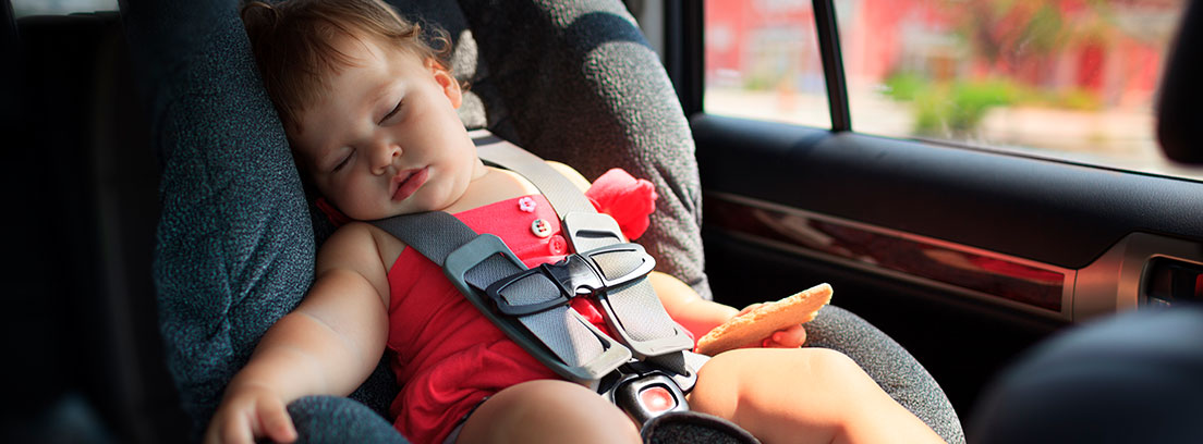 Niño pequeño dormido con arneses puestos en silla de coche