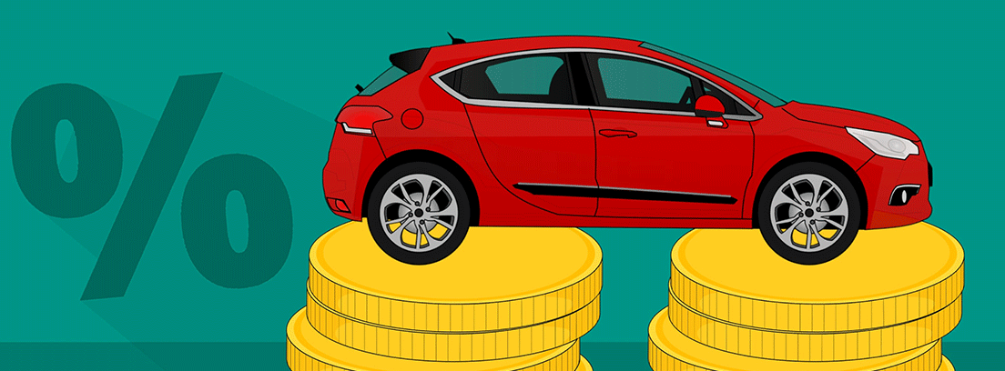 Ilustración de un coche rojo sobre dos columnas de monedas y un símbolo de %