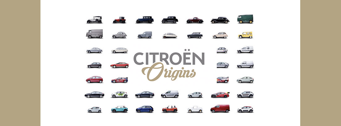 Diferentes coches Citroën de cartel promocional de aniversario con colección origins.