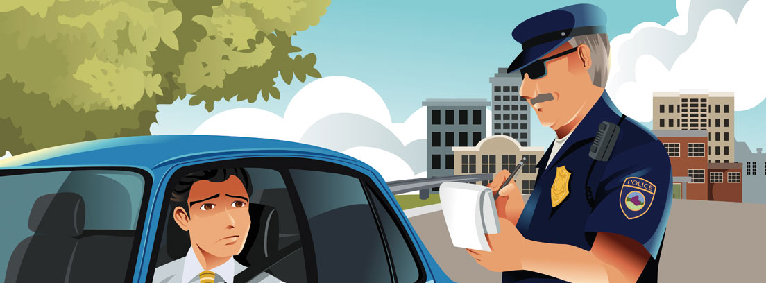 Ilustración de un hombre dentro de un coche y un agente de tráfico rellenando una multa
