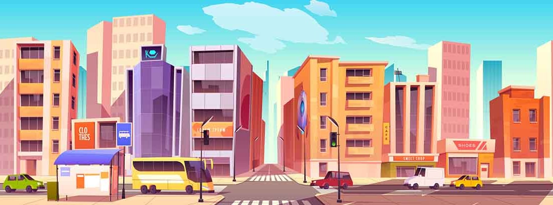 Ilustración de una ciudad con edificios, calles, tiendas y coches