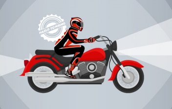 Infografia de un motorista equipado sobre una moto roja