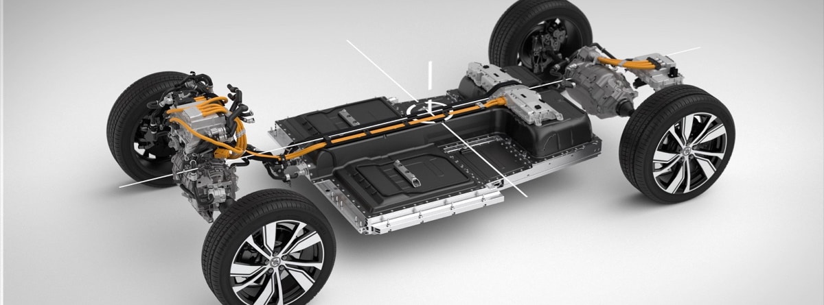 Estructura interna del Volvo XC40 Recharge Eléctrico, con las ruedas y motor delantero