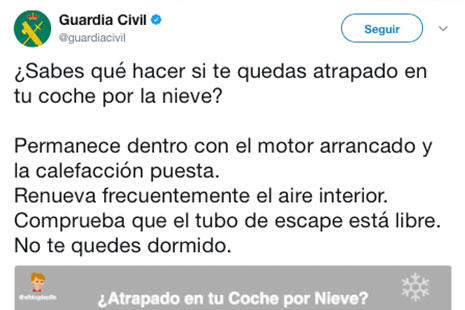 tuit de la guardia civil con consejos si te quedas atrapado en la nieve
