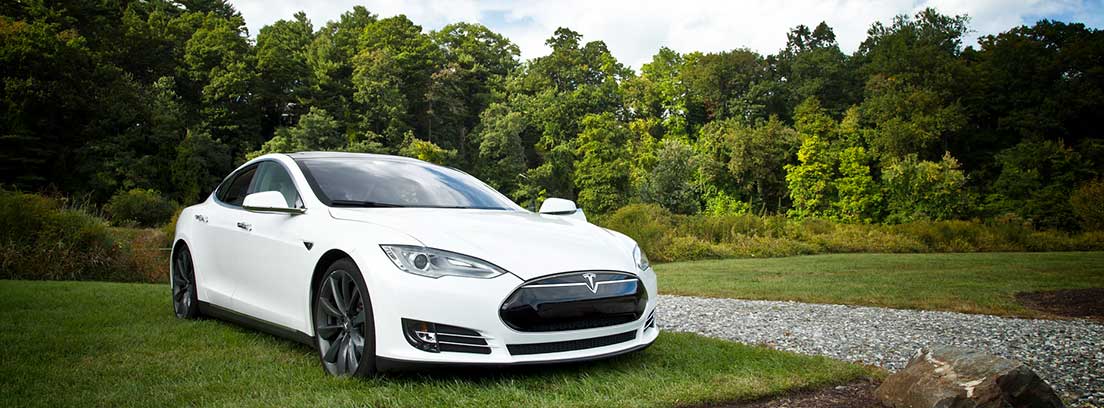 Coche eléctrico blanco con un bosque de fondo