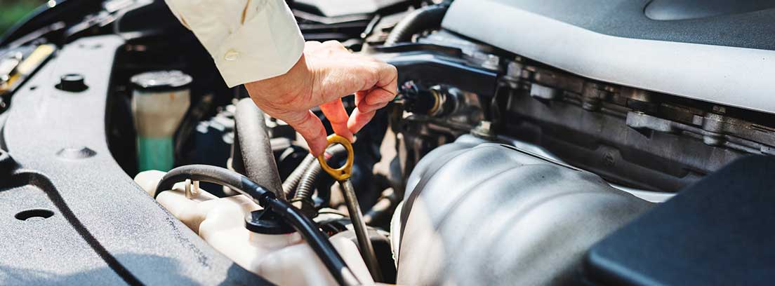 Mano sujeta varilla del aceite insertada en un motor de coche
