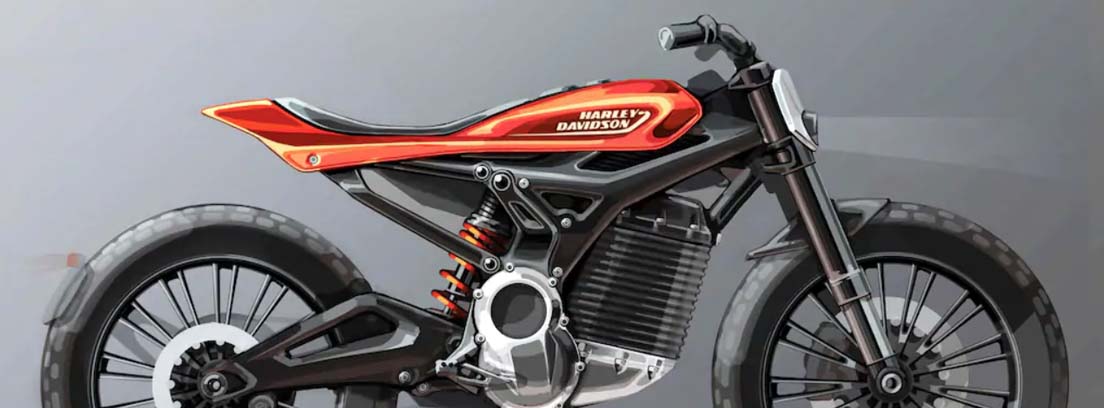 Moto negra con detalle naranja en el carenado donde se lee Harley Davidson