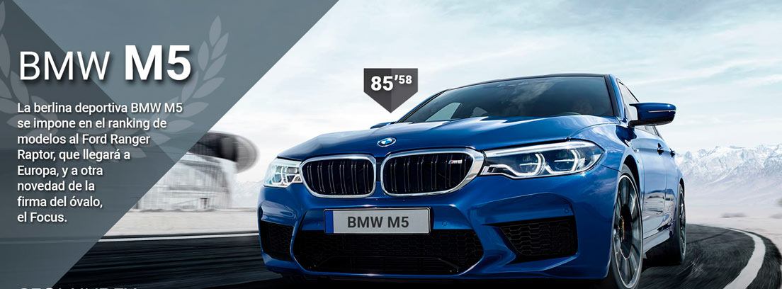 Con BMW M5 azul rodando en carretera