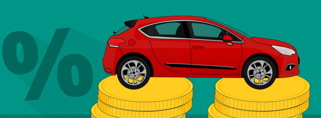 Ilustración de un coche rojo sobre dos columnas de monedas y un símbolo de por ciento