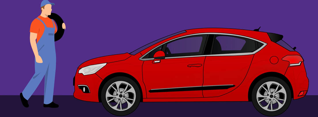 Ilustración de un hombre con mono azul y gorra sujetando una rueda frente a un coche rojo